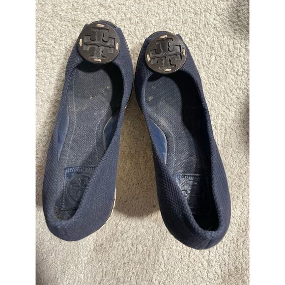 Tory Burch Womens 9.5 M Cerise Canvas Peep Toe Wedge Espadrille Pumps Blue - Picture 4 of 13